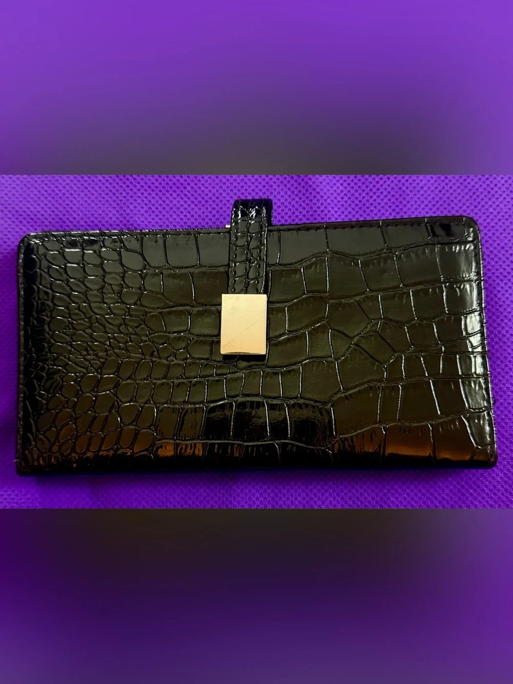 Black Croc-Embossed Women's Clutch with Gold Accent